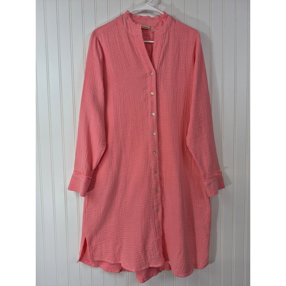 Soft Surroundings Coral Pink Cotton Gauze Button Front Tunic Shift Dress Large
